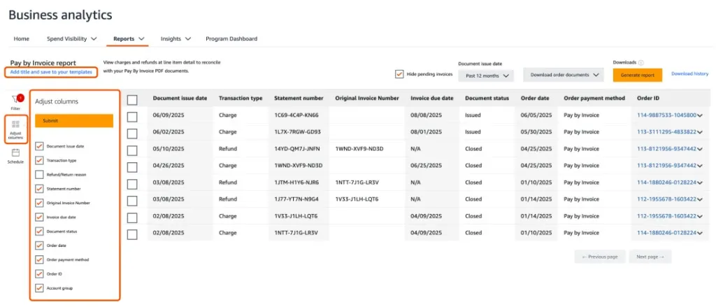 Amazon Business analytics reporting area showing pay by invoice report access
