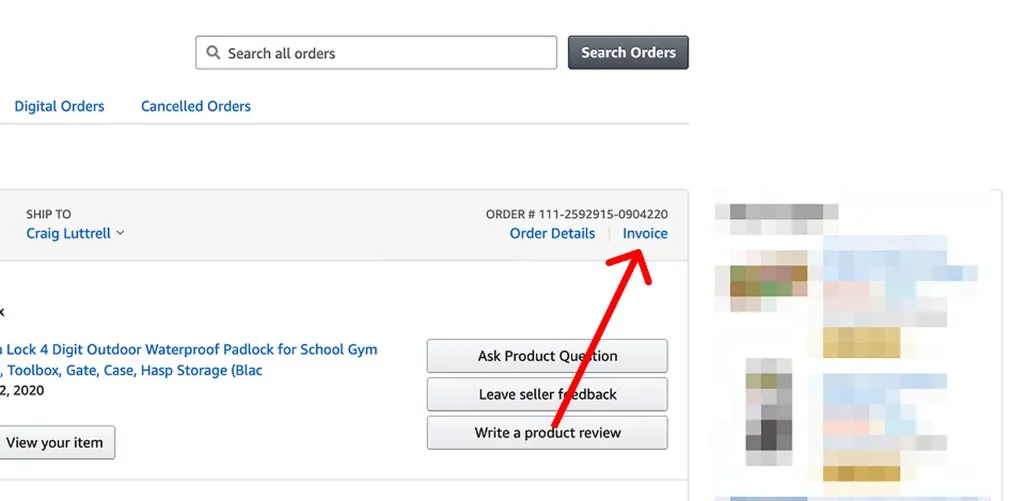 Amazon order details screen showing the Invoice link near the order number