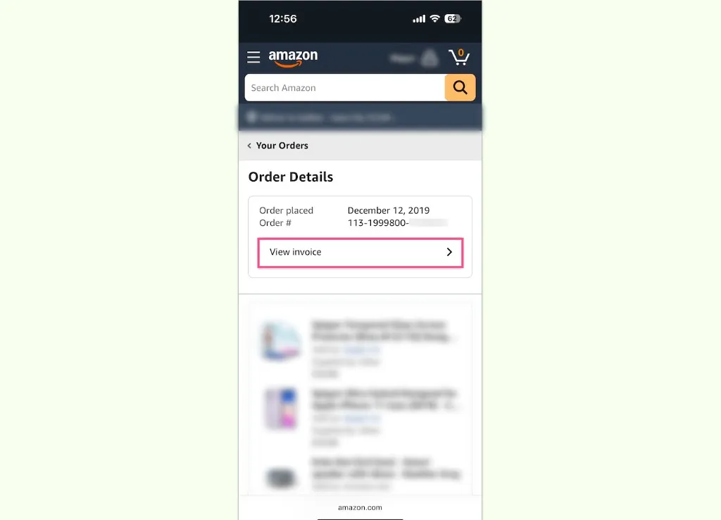 Amazon mobile order details page with the View invoice option highlighted
