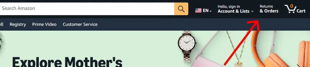 Amazon desktop header with Returns & Orders highlighted in the top-right navigation