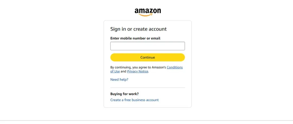 Amazon sign-in page showing the email field and Continue button