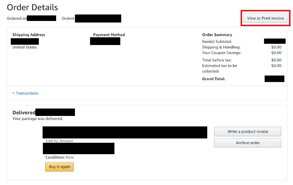 Amazon order details page with the View or Print invoice button highlighted