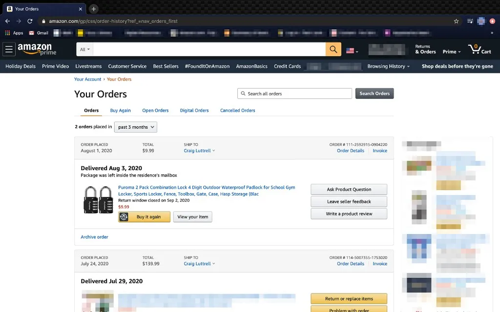Amazon Your Orders page showing the search box, date filter, and order list