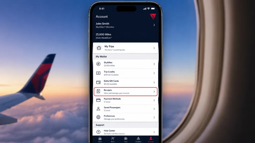 Delta mobile app account area showing a Receipts or My Wallet receipt option