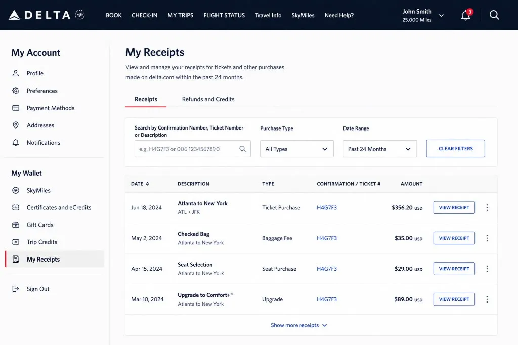 Delta account page showing My Receipts in the account or wallet area