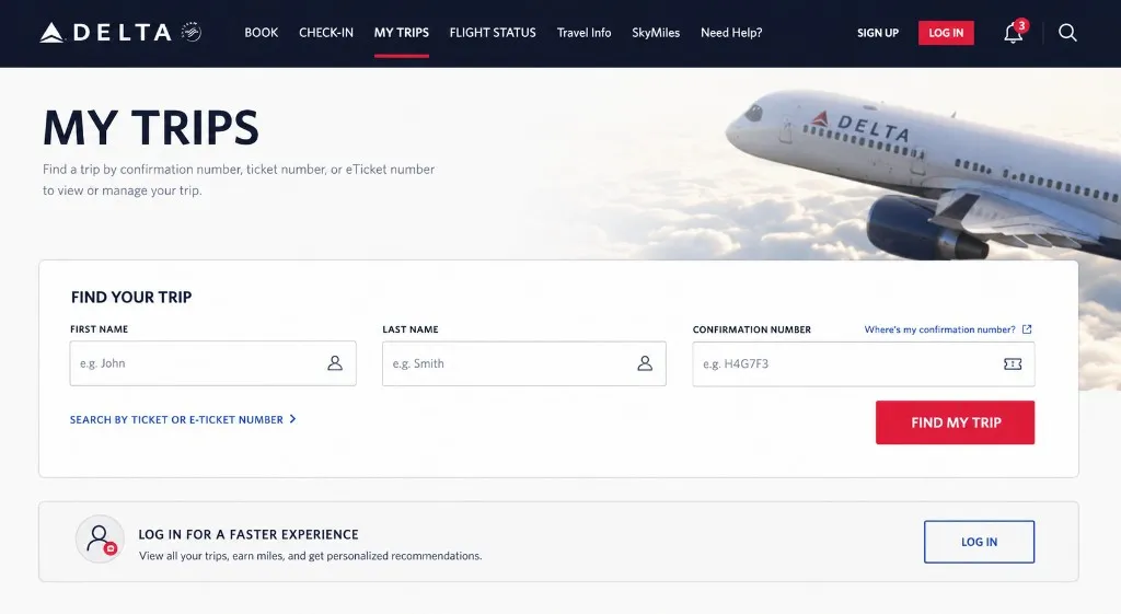 Delta My Trips search page showing first name, last name, and confirmation number fields