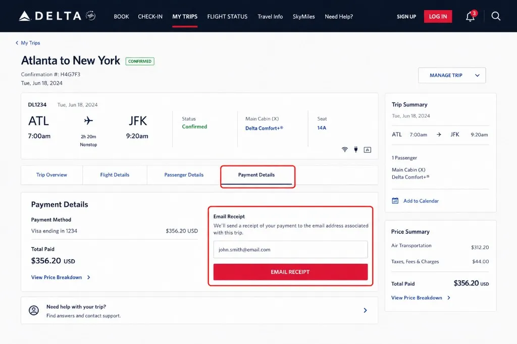 Delta trip details page with Payment Details and Email Receipt area highlighted