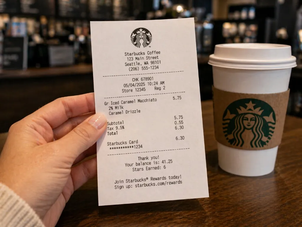 Printed Starbucks point-of-sale receipt on a counter next to a coffee cup
