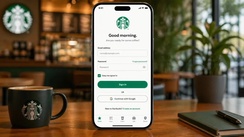 Starbucks app sign-in screen with the email field and sign-in button visible