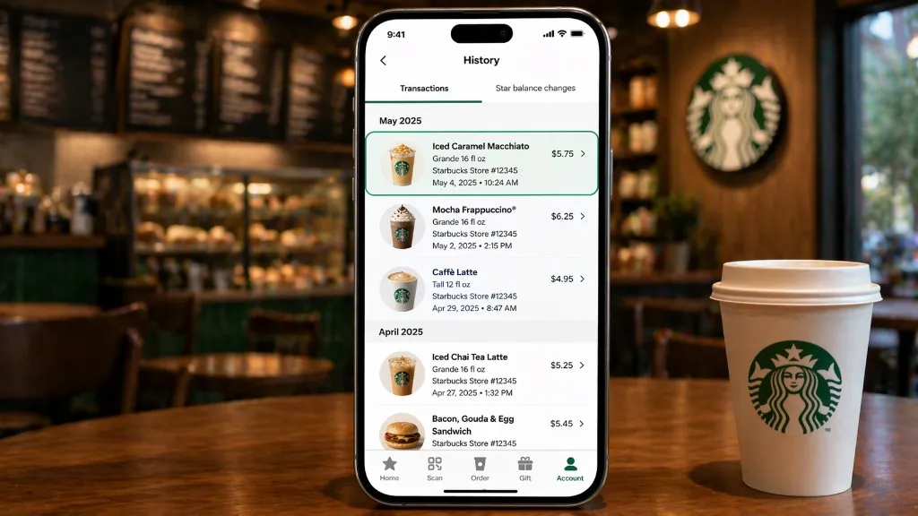 Starbucks app history screen showing several past transactions with one matching order selected