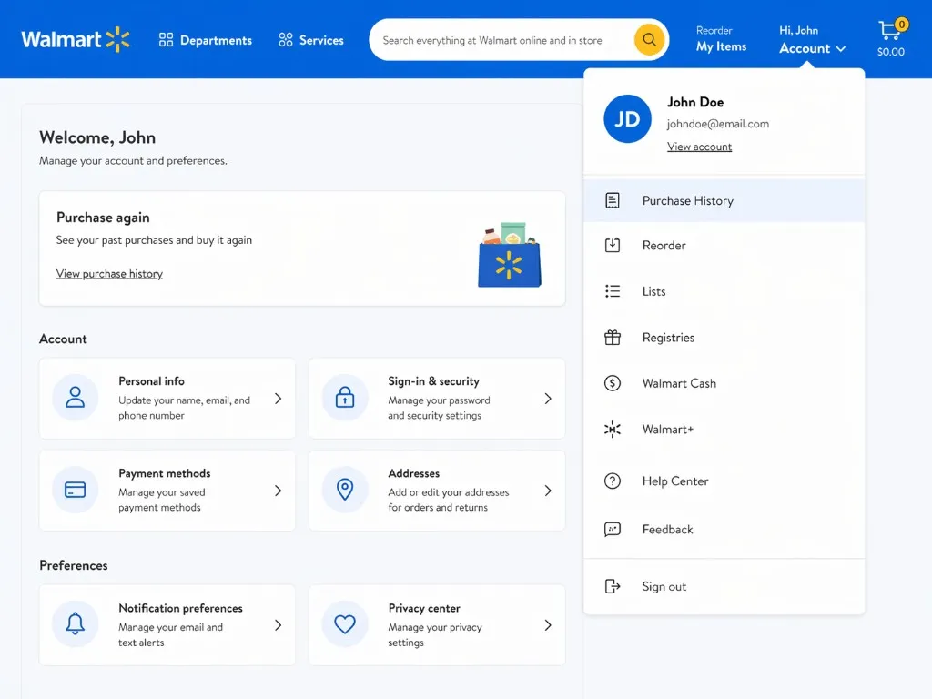 Walmart desktop account menu with Purchase History highlighted