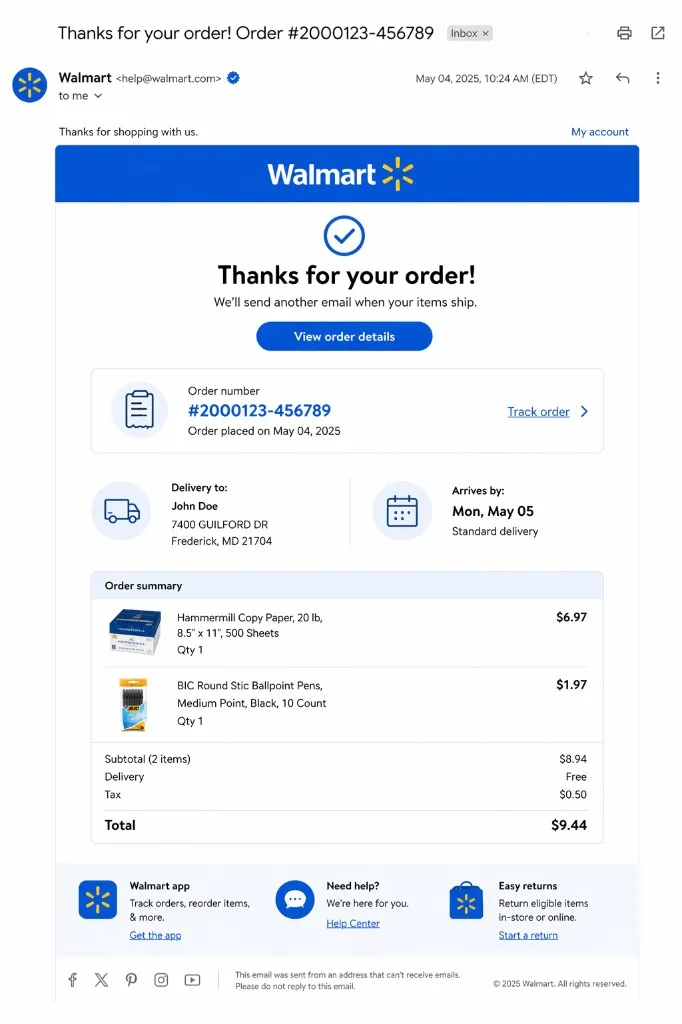 Walmart order confirmation email showing the order number and track-order link