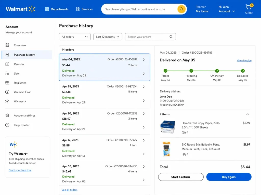 Walmart order history page showing multiple orders and one matching order selected