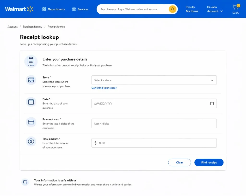 Walmart receipt lookup page with fields for store, date, payment card, and total amount