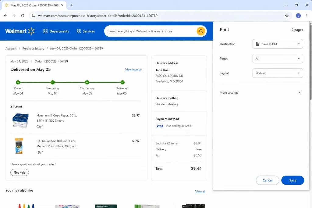 Browser print dialog open on a Walmart order details page with Save as PDF selected