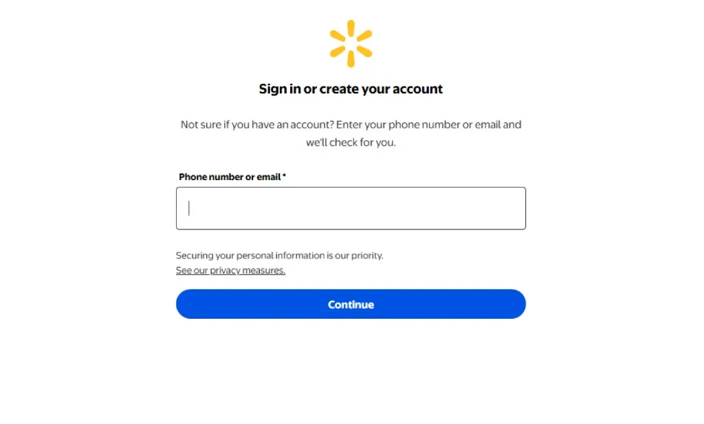 Walmart sign-in page with the email field and sign-in button visible