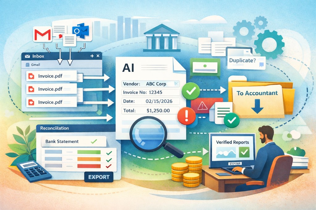 Illustration of Clerko collecting invoices and receipts, extracting accounting data, reconciling bank statements, and preparing records for an accountant